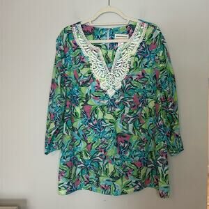 Alfred Dunner Womens Tunic Top Plus Size 1X Pink Green Floral Lace Cotton V-Neck